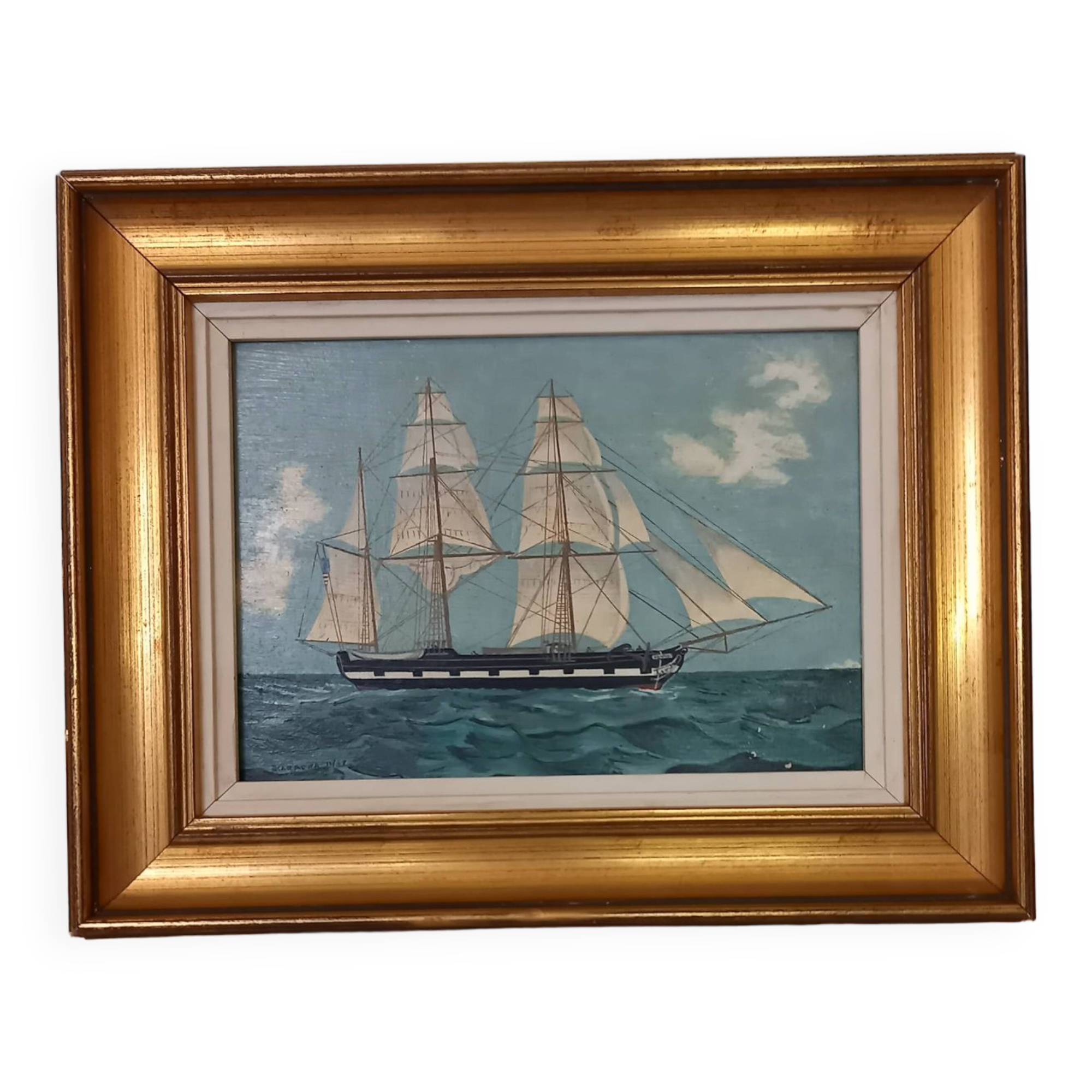 Old painting, oil on wood, schooner at sea, dated 1953, signed.