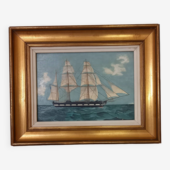 Old painting, oil on wood, schooner at sea, dated 1953, signed.