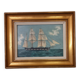 Old painting, oil on wood, schooner at sea, dated 1953, signed.