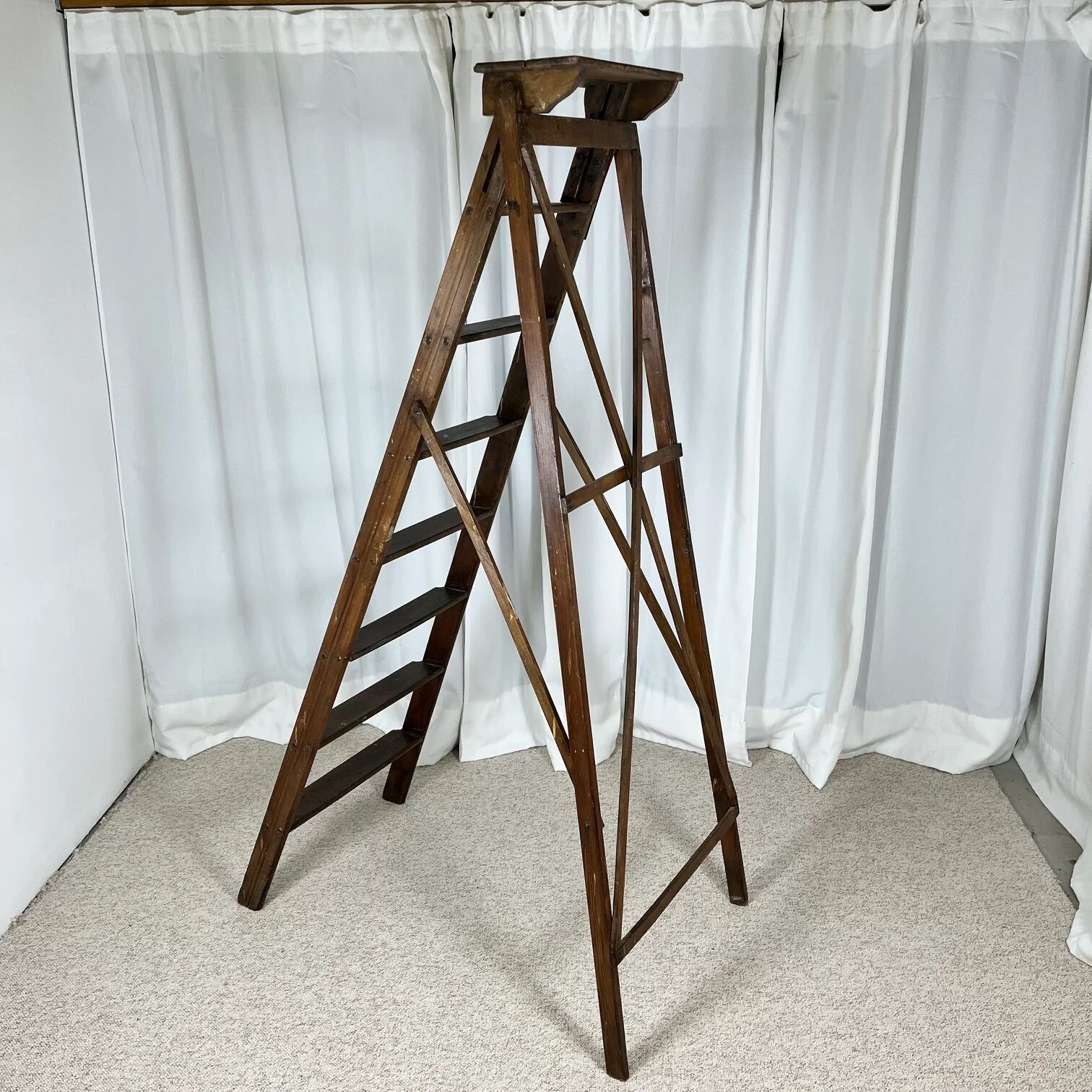Large wooden painter's step ladder, patinated, 20th century