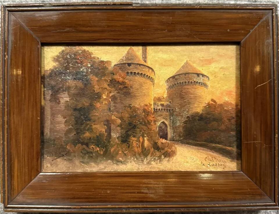Oil painting on panel dated 1910 depicting the Château fort de Lassay