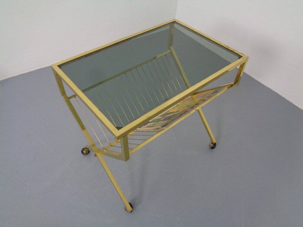French brass and glass cart with magazine rack, 1960s