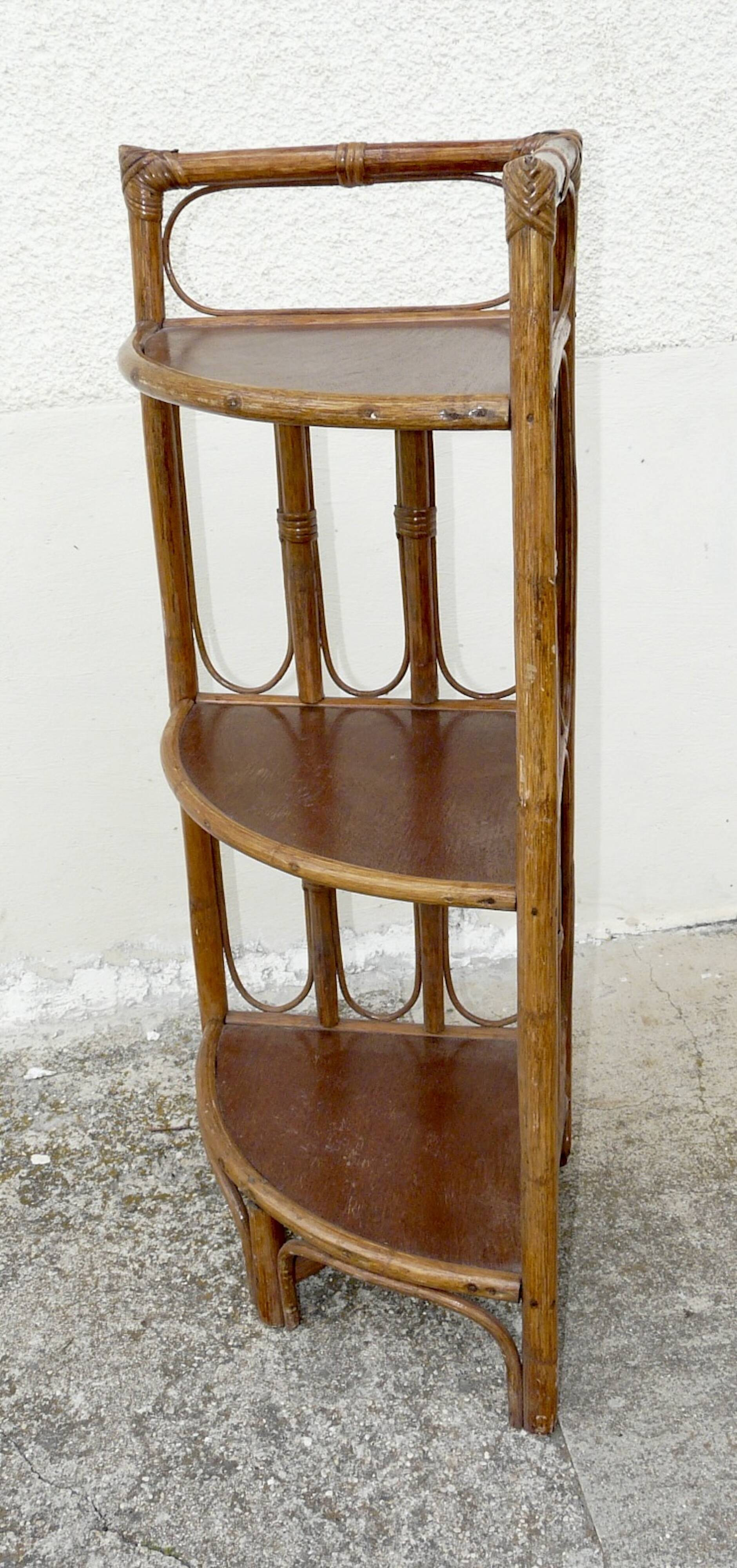 Vintage bamboo and rattan corner shelf 1970