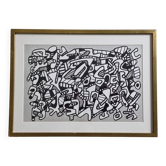 Sérigraphie encadrée sous verre d'après Jean Dubuffet, en noir et blanc, années 70, 40 x 29