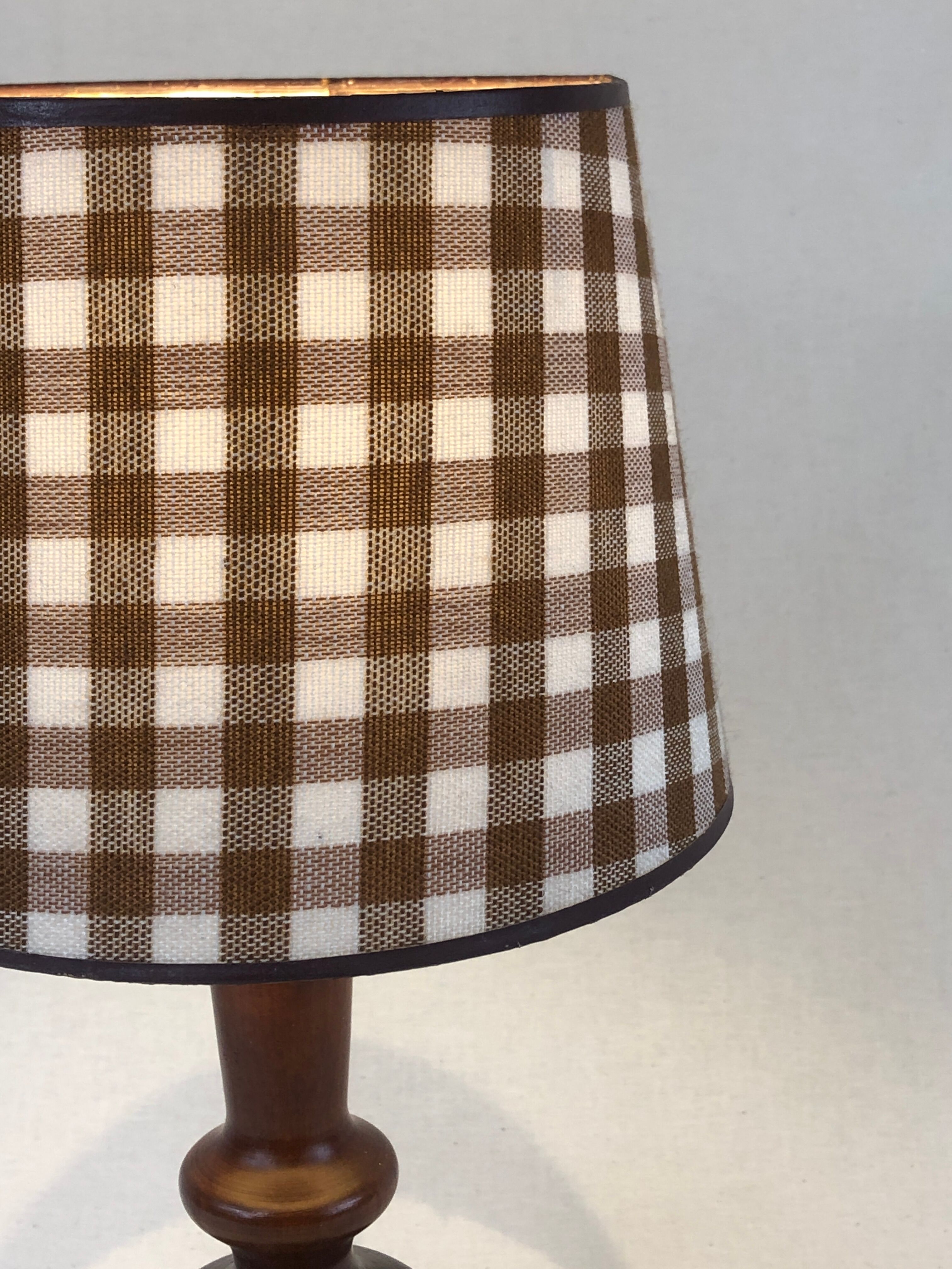 Wooden foot lamp brown tartan lampshade, cottage style