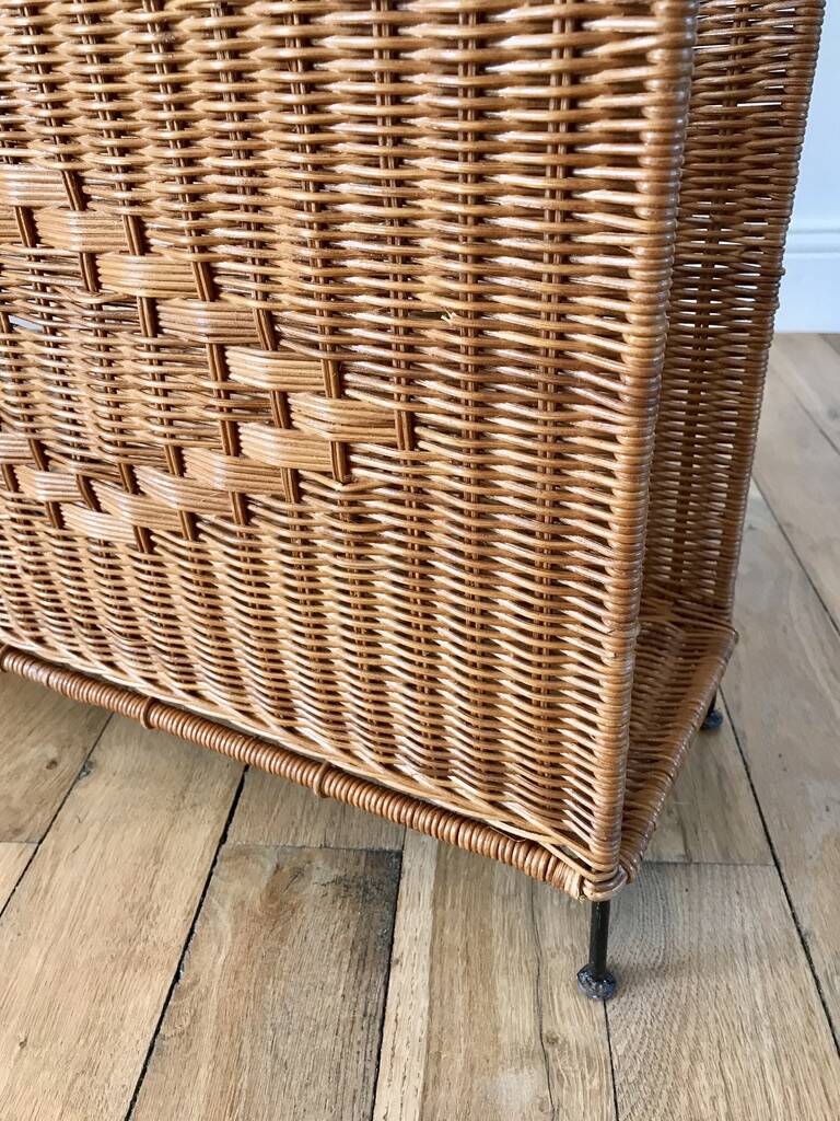 large wicker / rattan and black iron magazine rack from the 70s