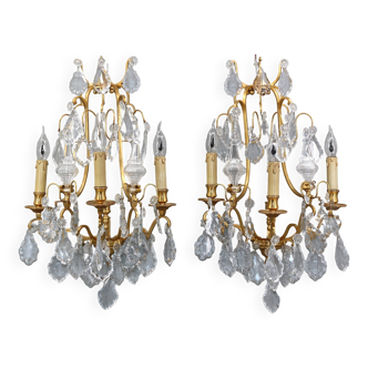 Large pair of louis xvi style gilded wall lamp in bronze & bohemian crystal