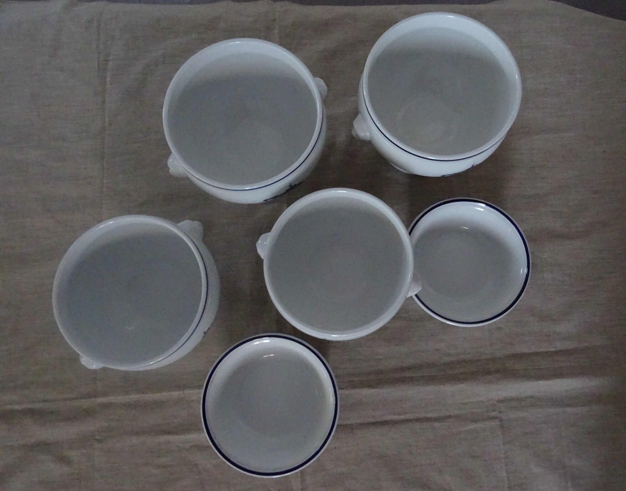 4 Large bowls salad bowls + 2 cups PILLIVUYT blue decoration boat G. CAOUDAL