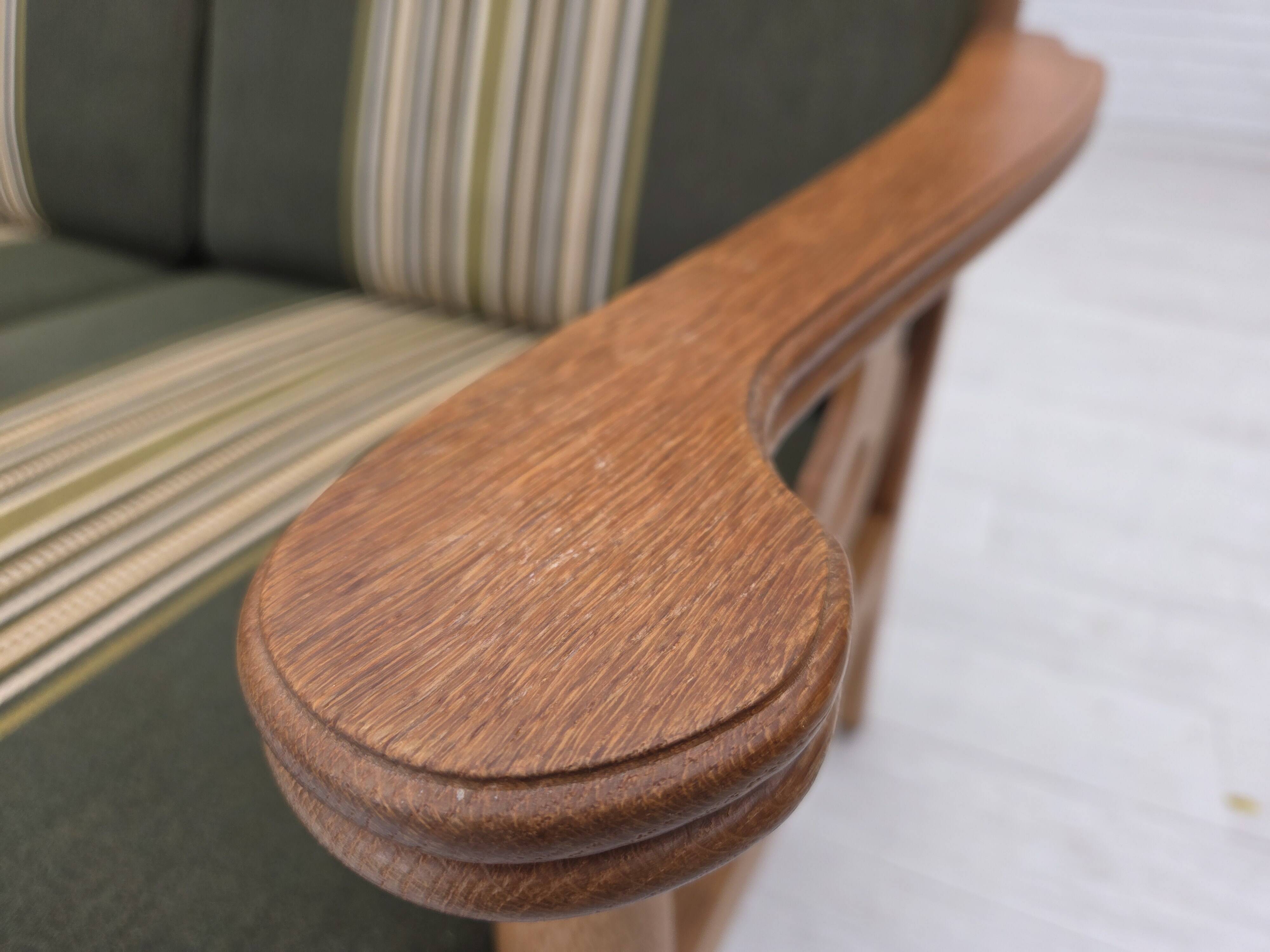 1970s, Danish 3-seater sofa, green furniture wool, solid oak wood.