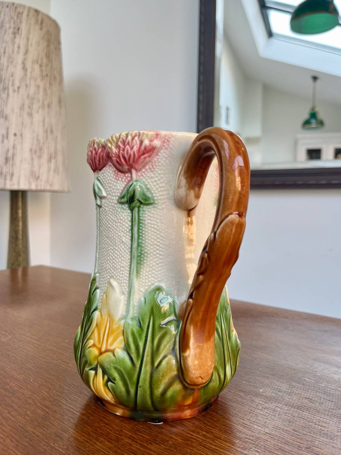 Antique floral barbotine jug – late 19th century ceramic
