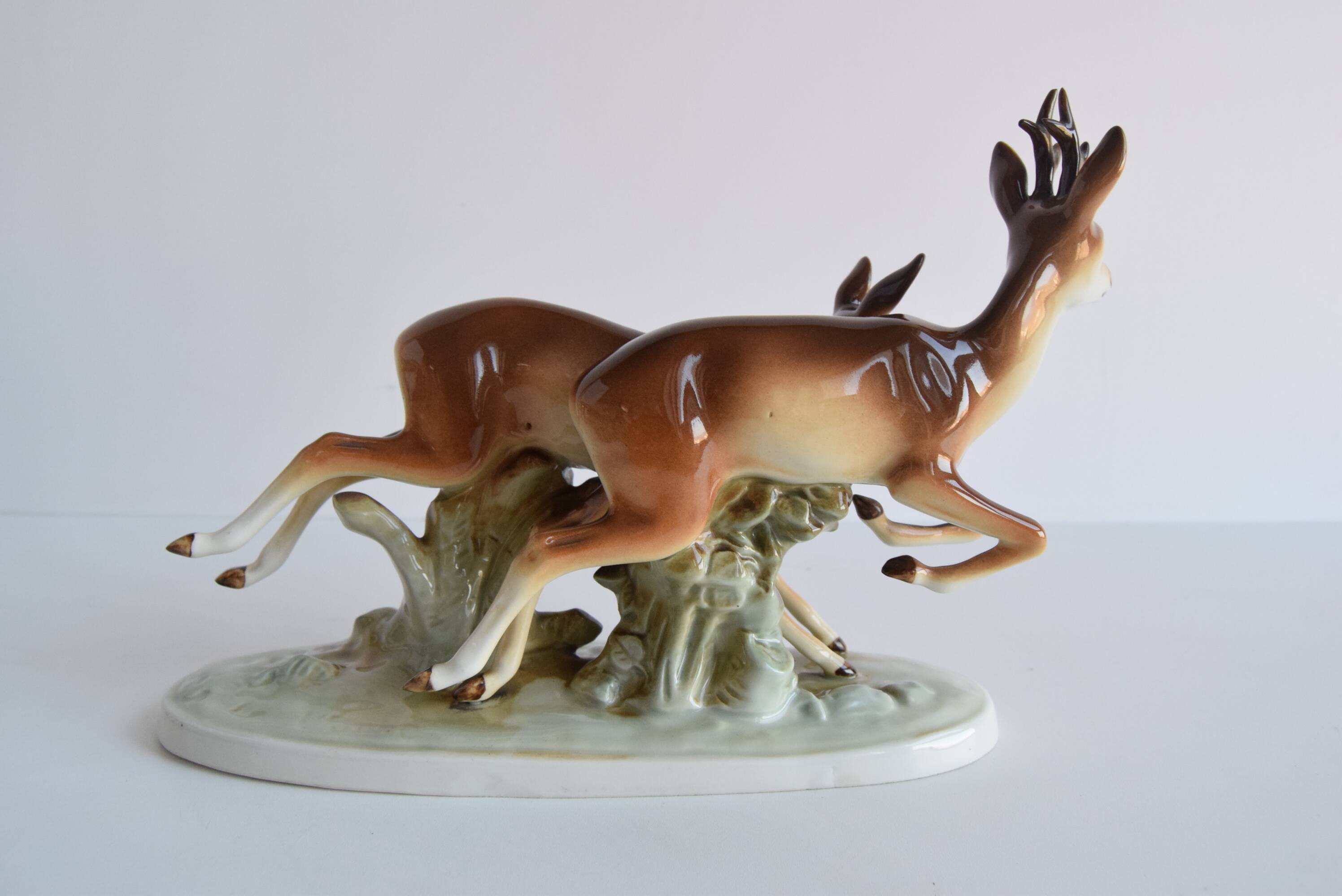 Vintage Porcelain Sculpture Roe Deer and Doe, by Royal Dux, 1960's.