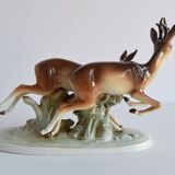 Vintage Porcelain Sculpture Roe Deer and Doe, by Royal Dux, 1960's.