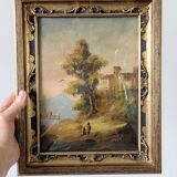 Antique Italian painting with Florentine frame and curved glass