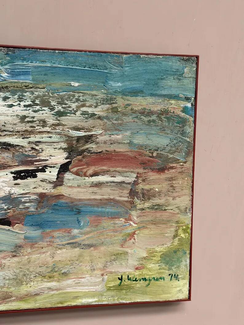 Huile sur toile originale suédoise - 'Komposition' par Yngve Werngren - Signée et datée 1974 - Vintage et encadrée - 53 × 36 cm (20,9" × 14,2")