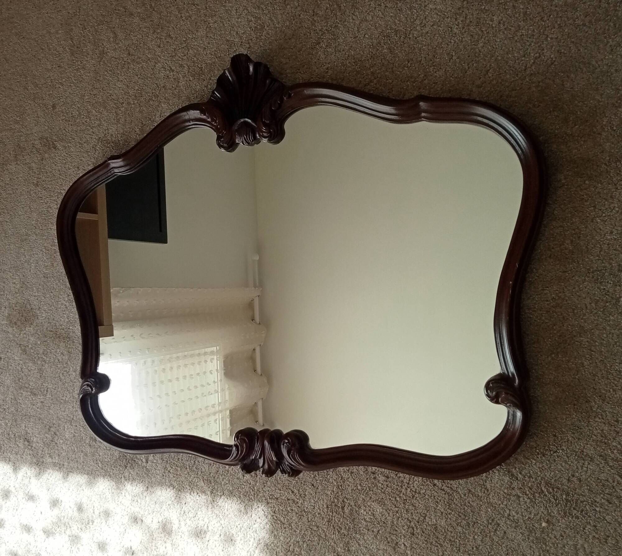 Pair of large antique Rococo style Louis XV mirrors in carved solid wood.