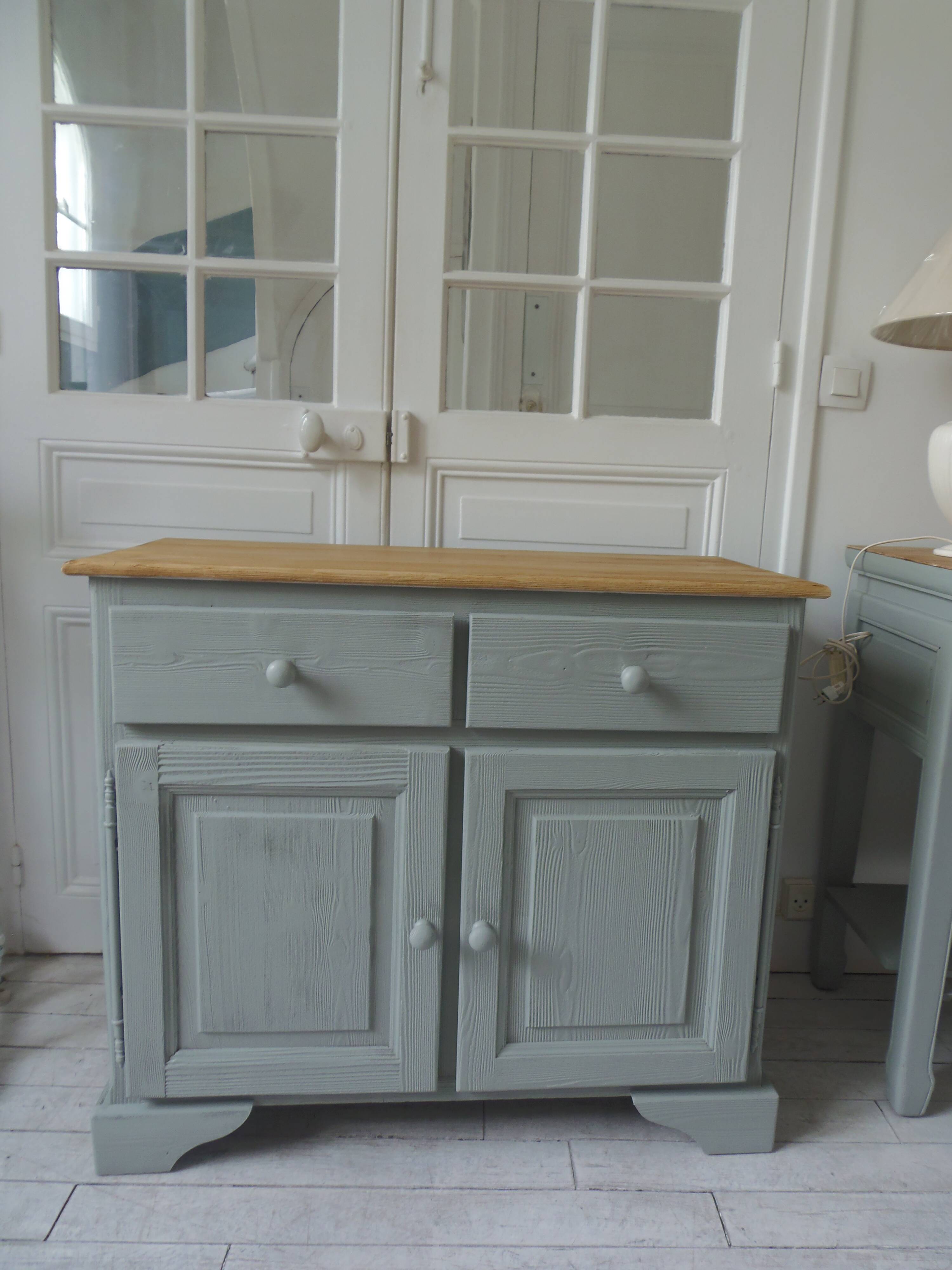 Compact sideboard with 2 drawers, 2 doors re-enchanted in grey-green.