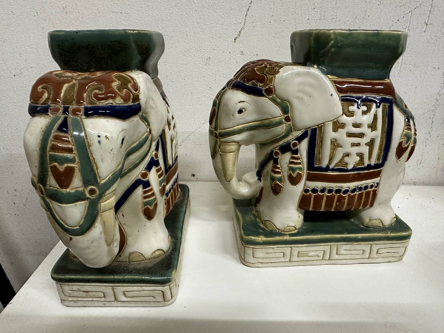 Pair of ceramic elephant plant stands polychrome sculpture - India