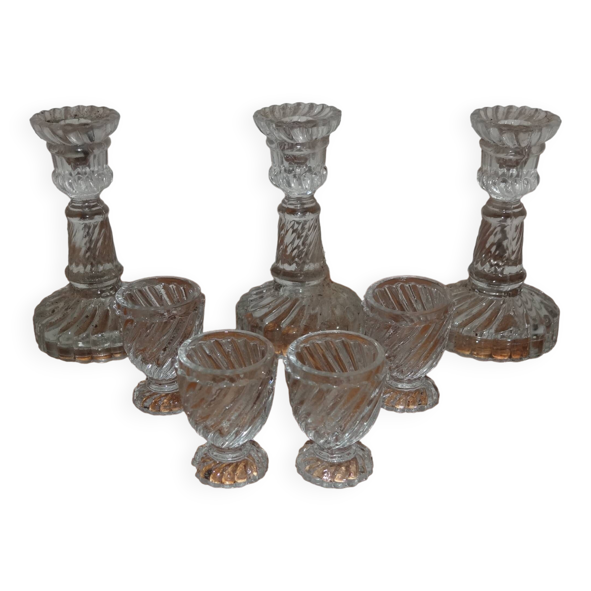 Candle Holders and Doll Dinette Glasses in Molded Pressed Glass Portieux or Vallerysthal