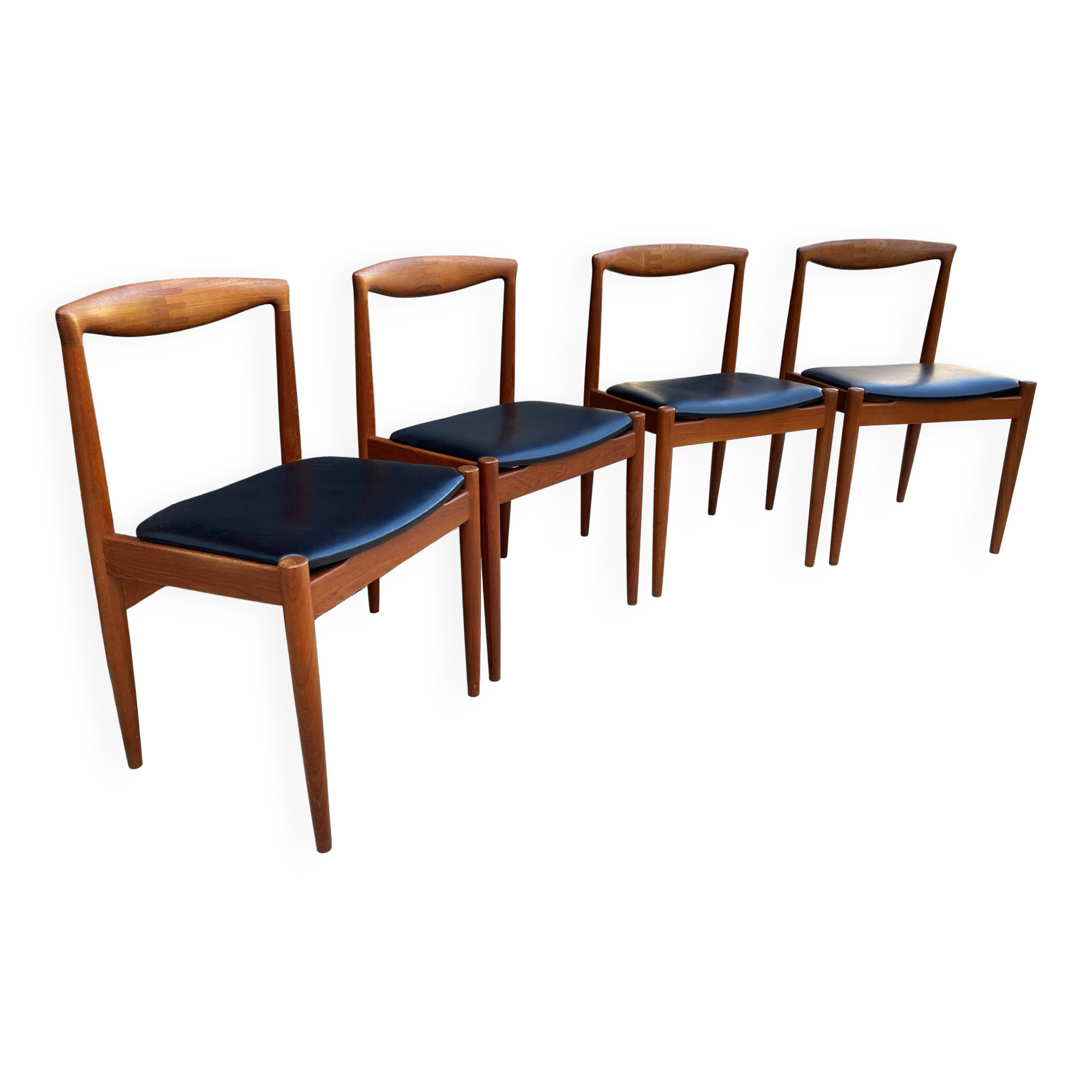 Set of 4 Scandinavian chairs by Johannes Andersen, Vamo Sonderborg, teak and imitation leather, 1960