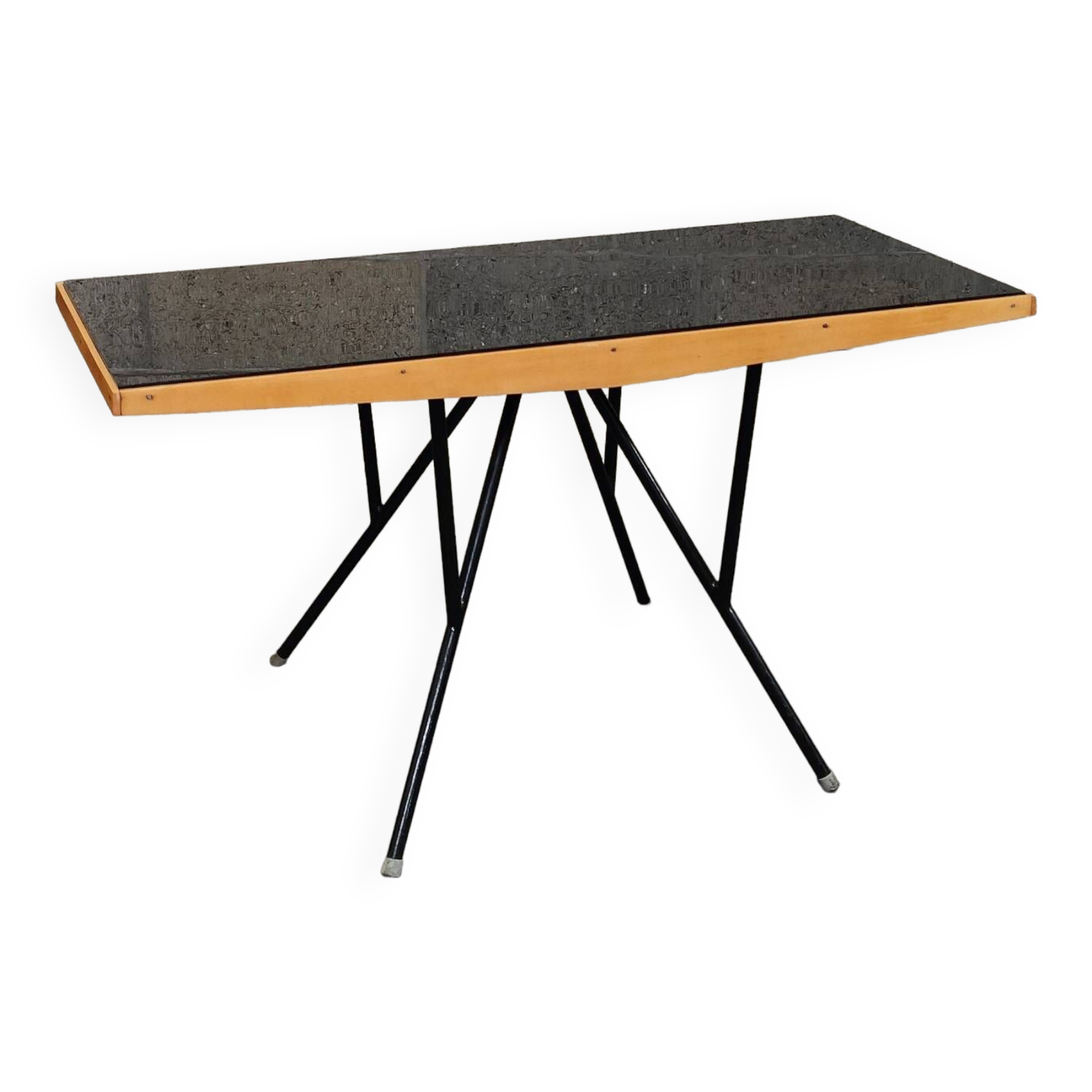 Metal and wood table, black Opaxit top, Czech Republic 1960