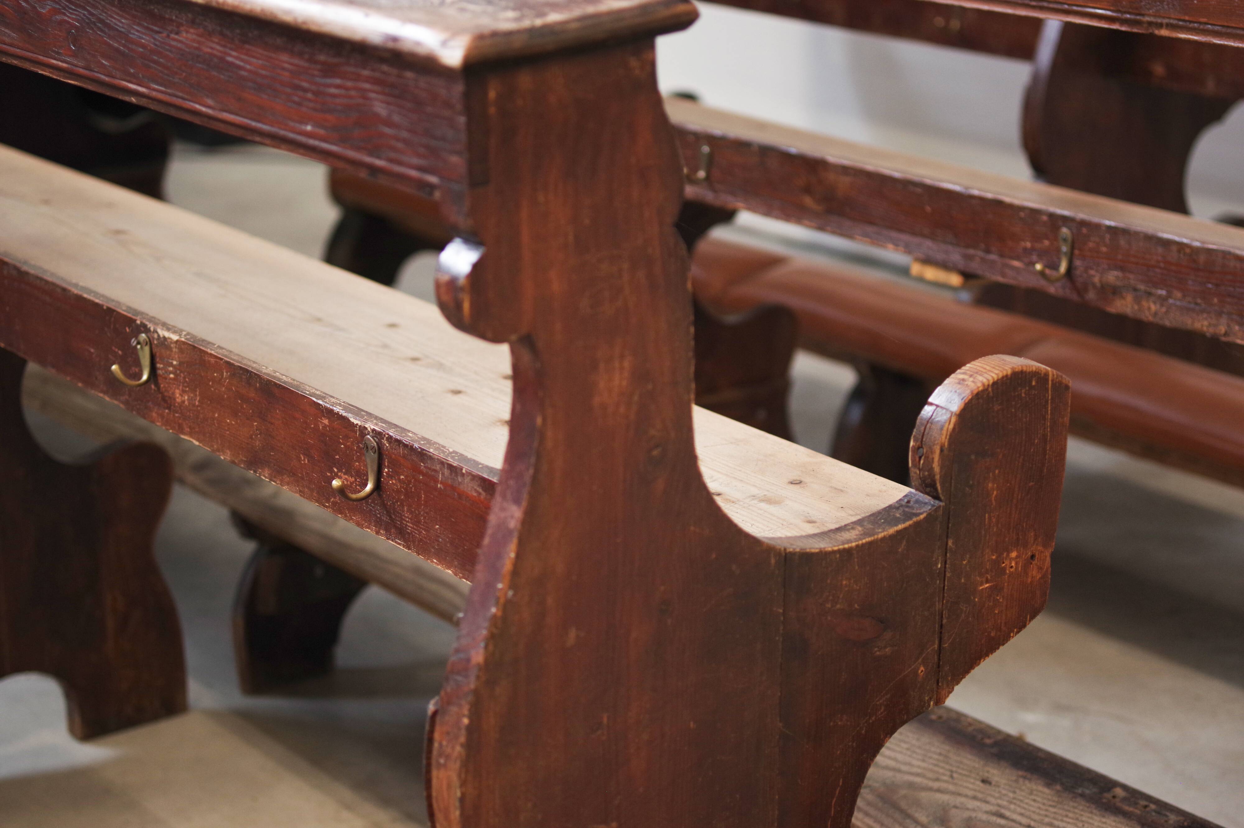 Antique Gothic Church Benches, Late 1800s – Set of 4 Pine Wood Pew Benches