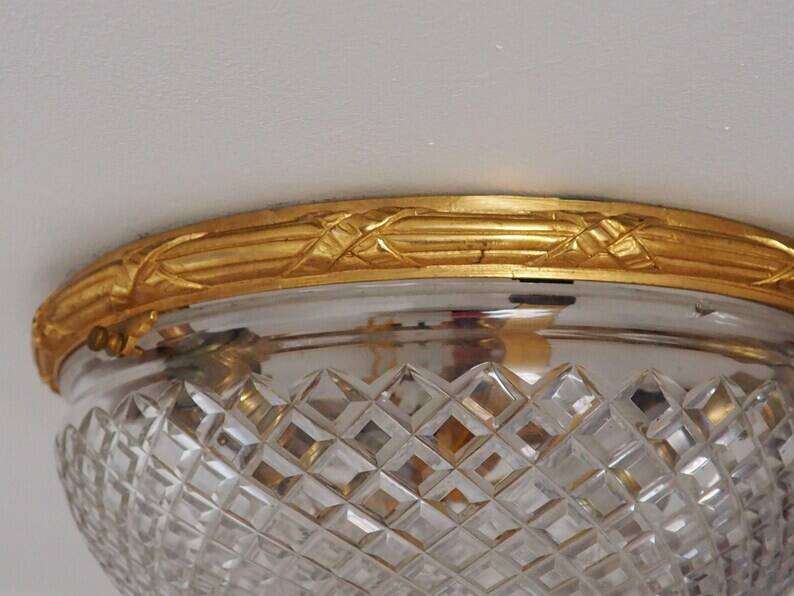 Bronze Cut Glass Ceiling Light: Mid-Century French Louis XVI Ceiling Lamp