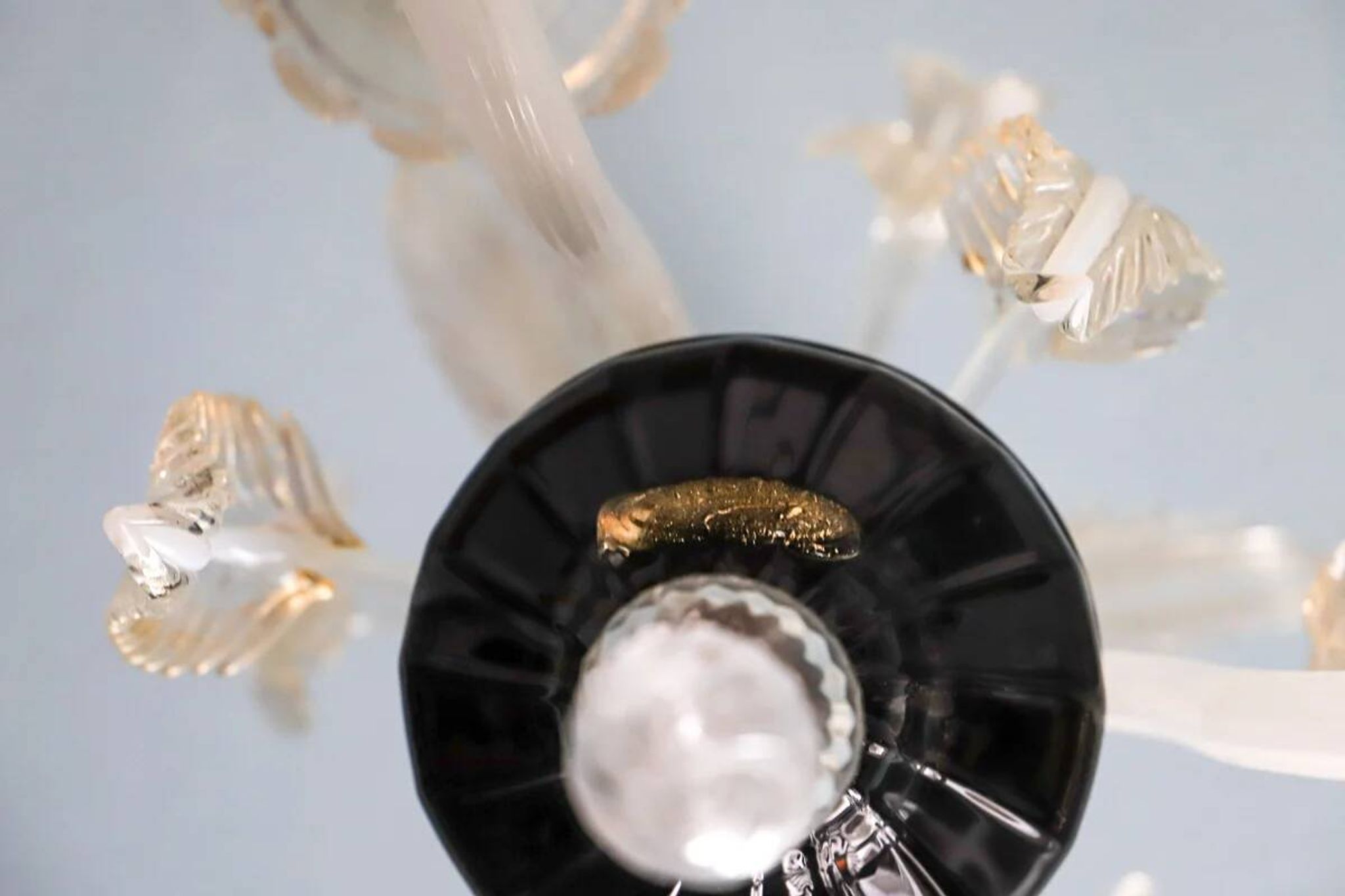 Small Venetian chandelier made of hand-blown Murano glass, lilac and pearlescent.