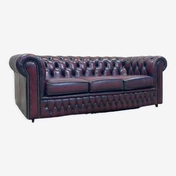 Canapé Chesterfield en cuir rouge 3 places des années 70