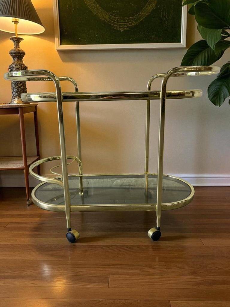 Vintage gold bar cart / side table with smoked glass