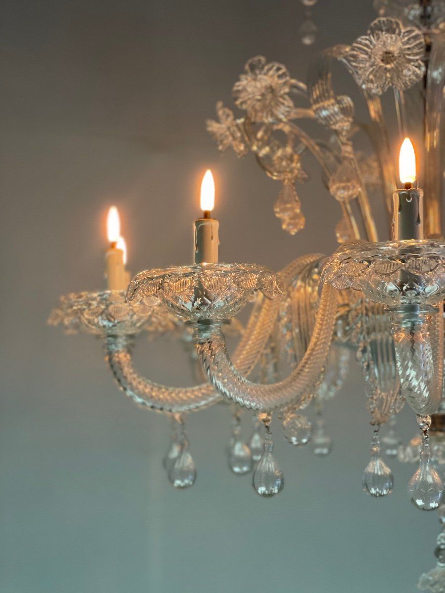 Venetian chandelier in colorless Murano glass, 12 arms of light