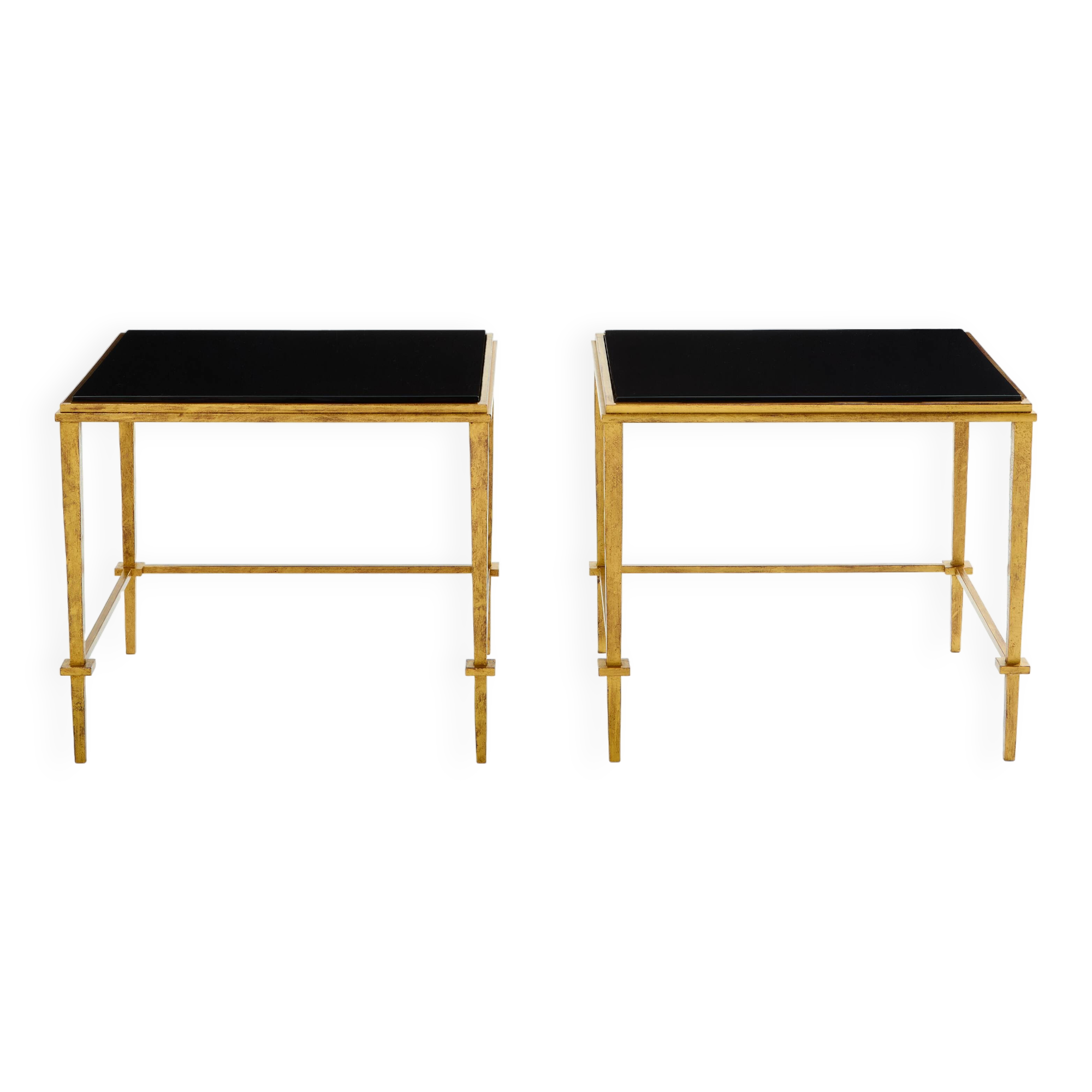 Pair of side tables in gilded iron and black lacquer Maison Ramsay 1950