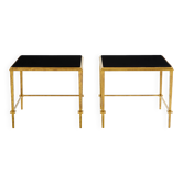 Paire de tables d’appoint fer doré laque noire Maison Ramsay 1950