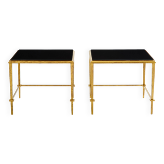 Pair of side tables in gilded iron and black lacquer Maison Ramsay 1950