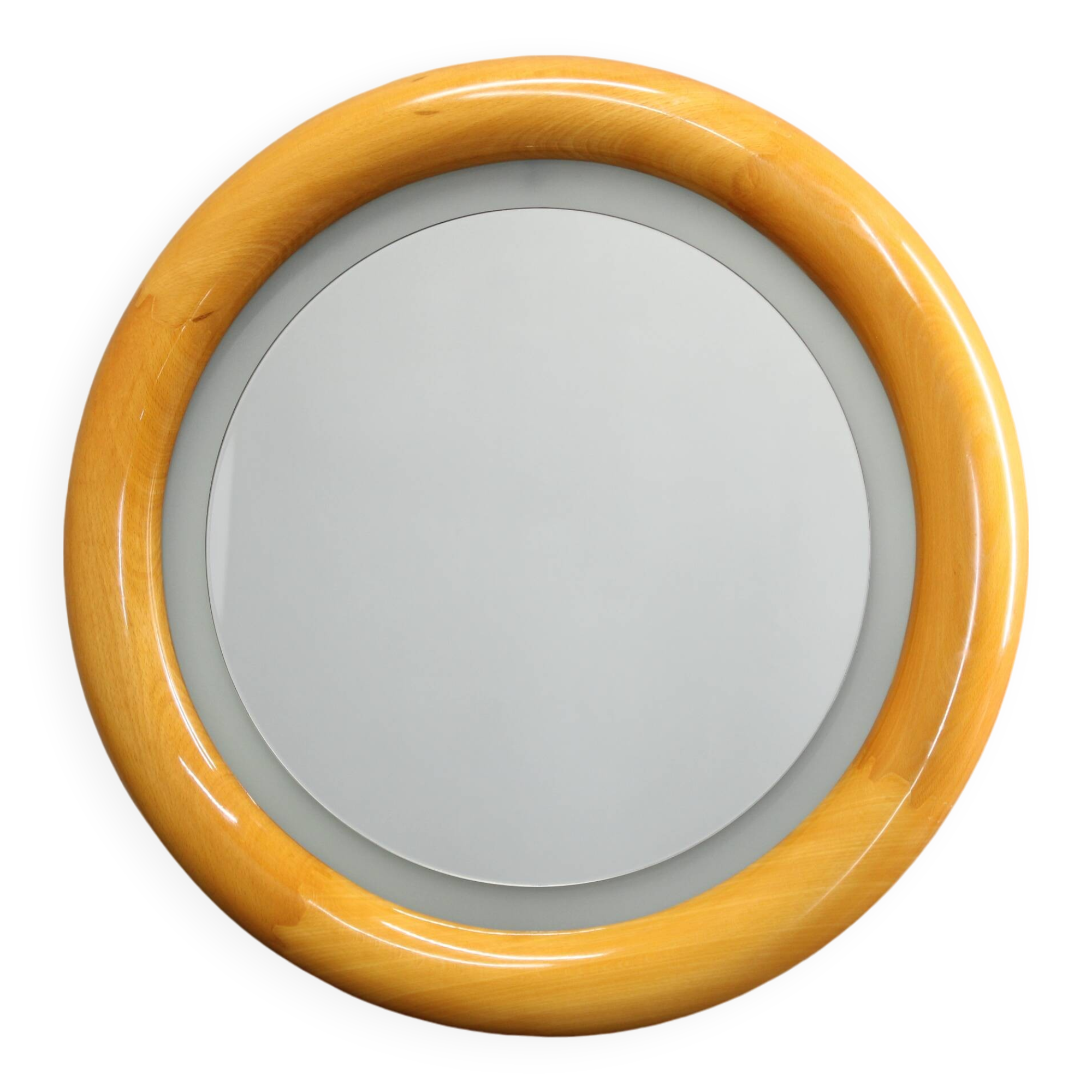 1970s Italian Round Mirror in Wooden Frame with Light