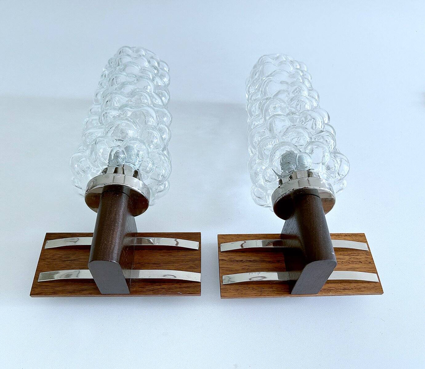 Pair Vintage Danish Bubble Blass Wood sconces
