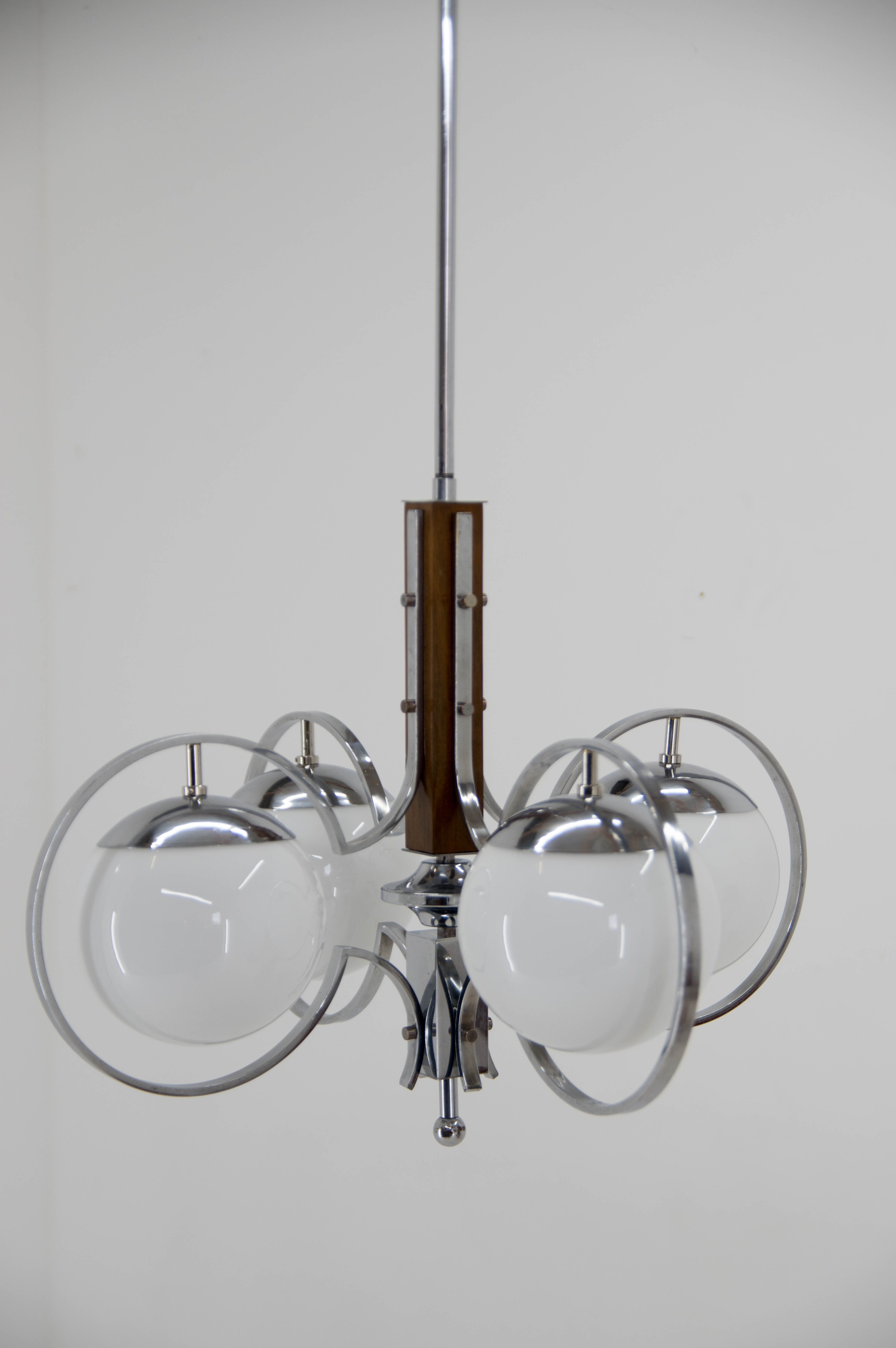 Art deco opaline glass wood and chrome chandelier, 1930s