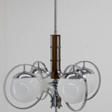 Art deco opaline glass wood and chrome chandelier, 1930s