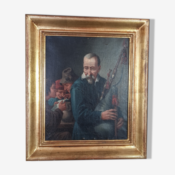 Le joueur de cornemuse et enfants Ecole du Nord XIXe siècle 34x30 cm