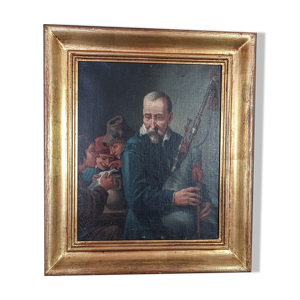 Le joueur de cornemuse et enfants Ecole du Nord XIXe siècle 34x30 cm