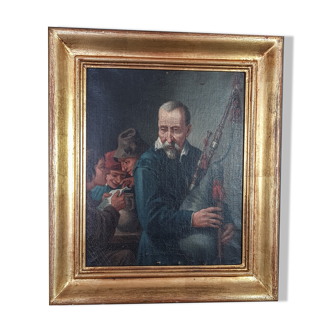 Le joueur de cornemuse et enfants Ecole du Nord XIXe siècle 34x30 cm