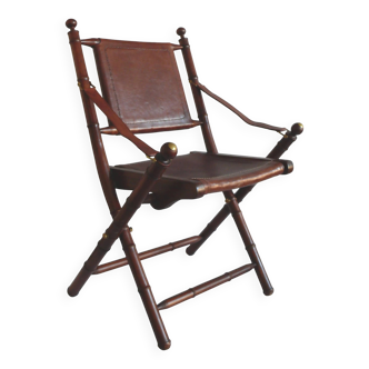 Chaise de campagne, chaise d'officier en teck et bambou, avec assise en cuir cousu et détails en laiton - années 1960