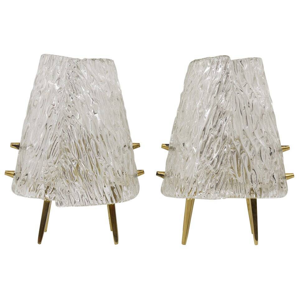 Pair of mid-century brass and textured glass table lamps, Austria, 1950s