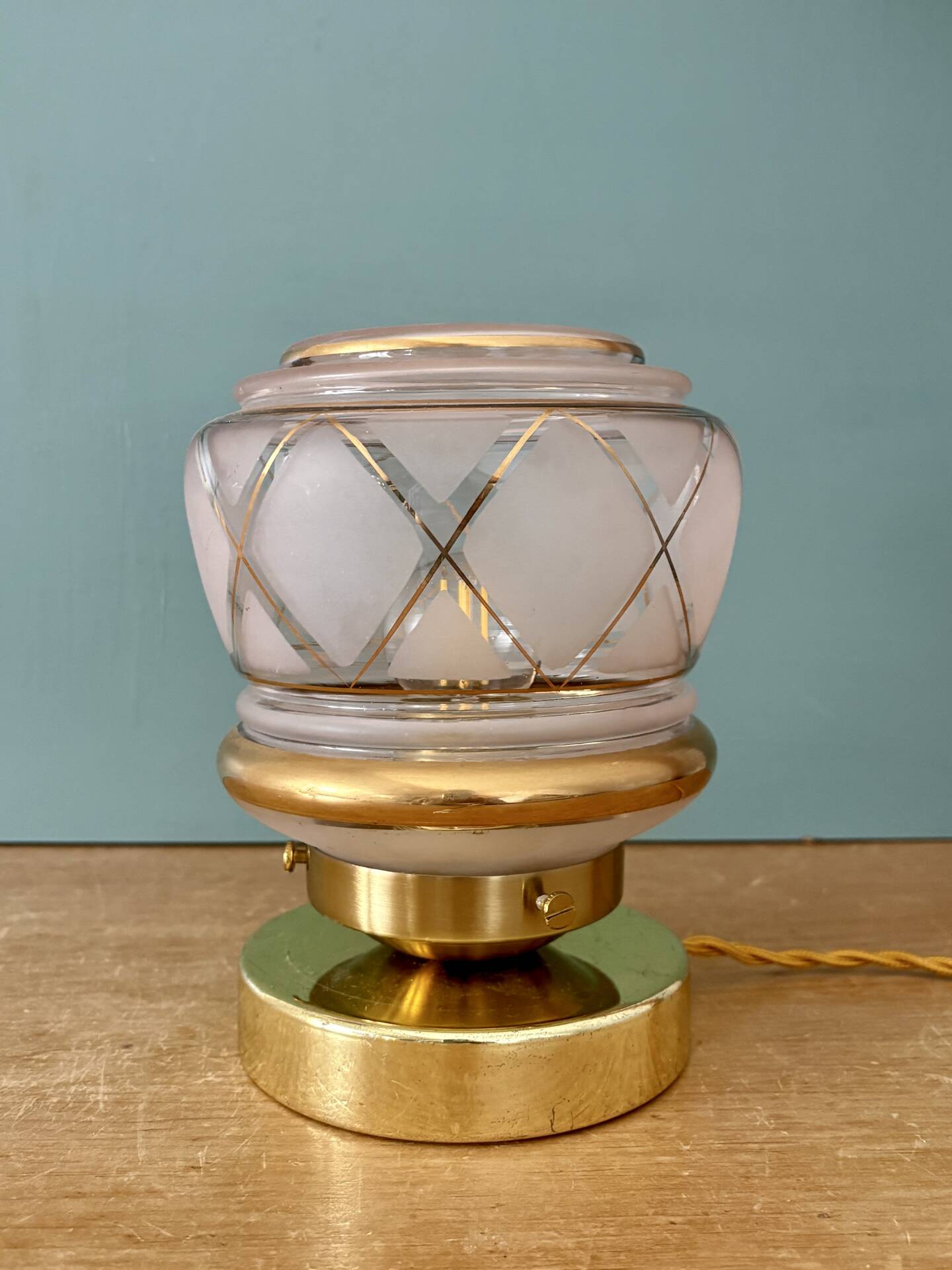 Vintage Art Deco pink and gold glass globe table lamp