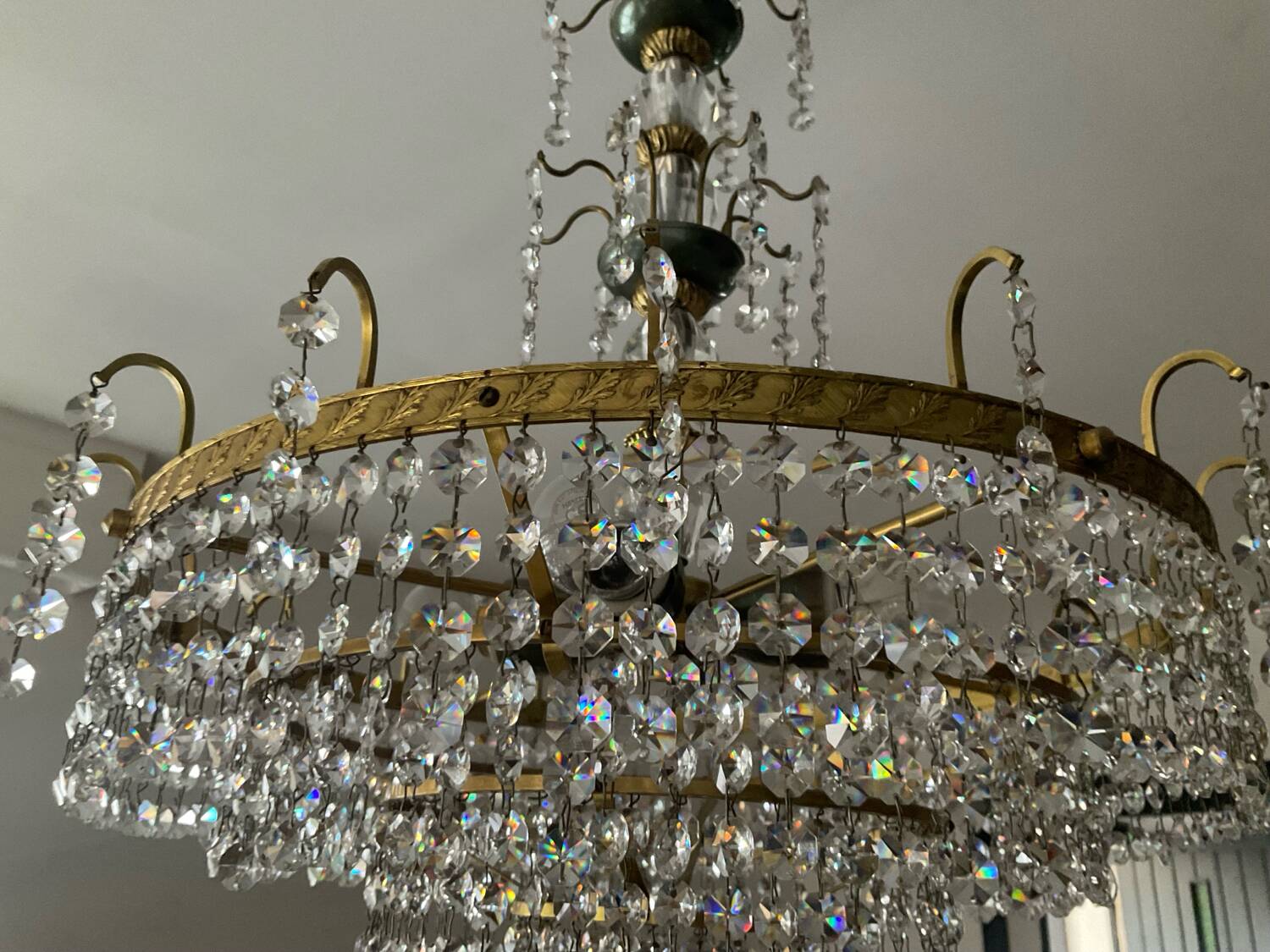 Brass chandelier with crystal pendants