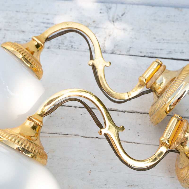 2 wall sconces golden metal gooseneck and opaline lampshade