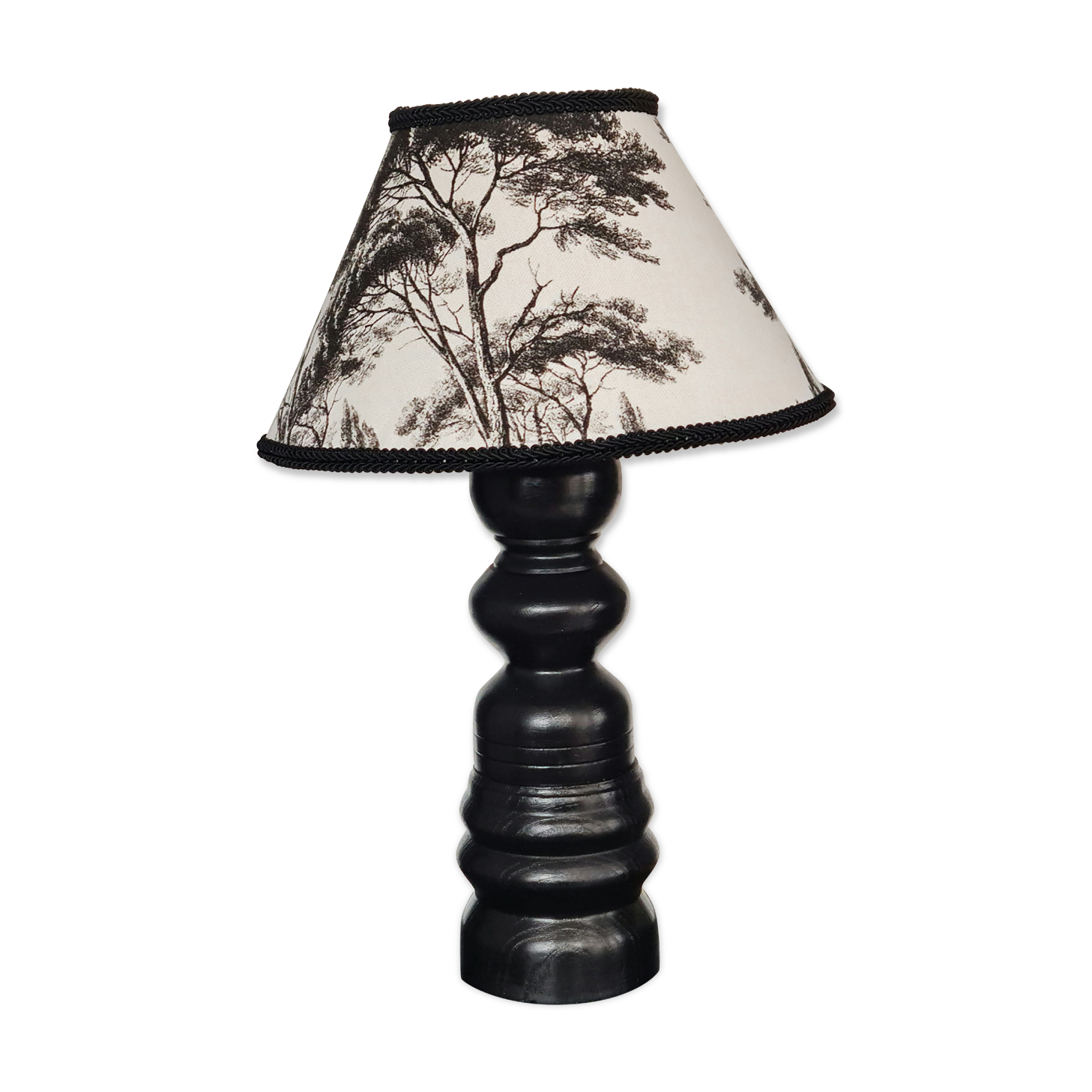 Table lamp foot wood made by cabinetmaker black abbat day cypress fabrics white and black