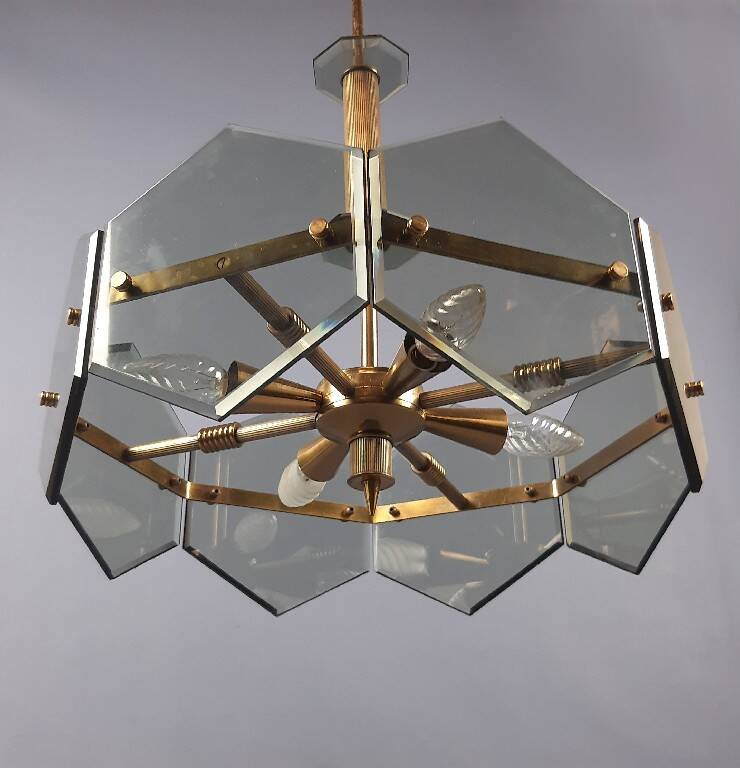 Lustre design Gino Paroldo Fontana Arte brass smoked glass modernist 1960