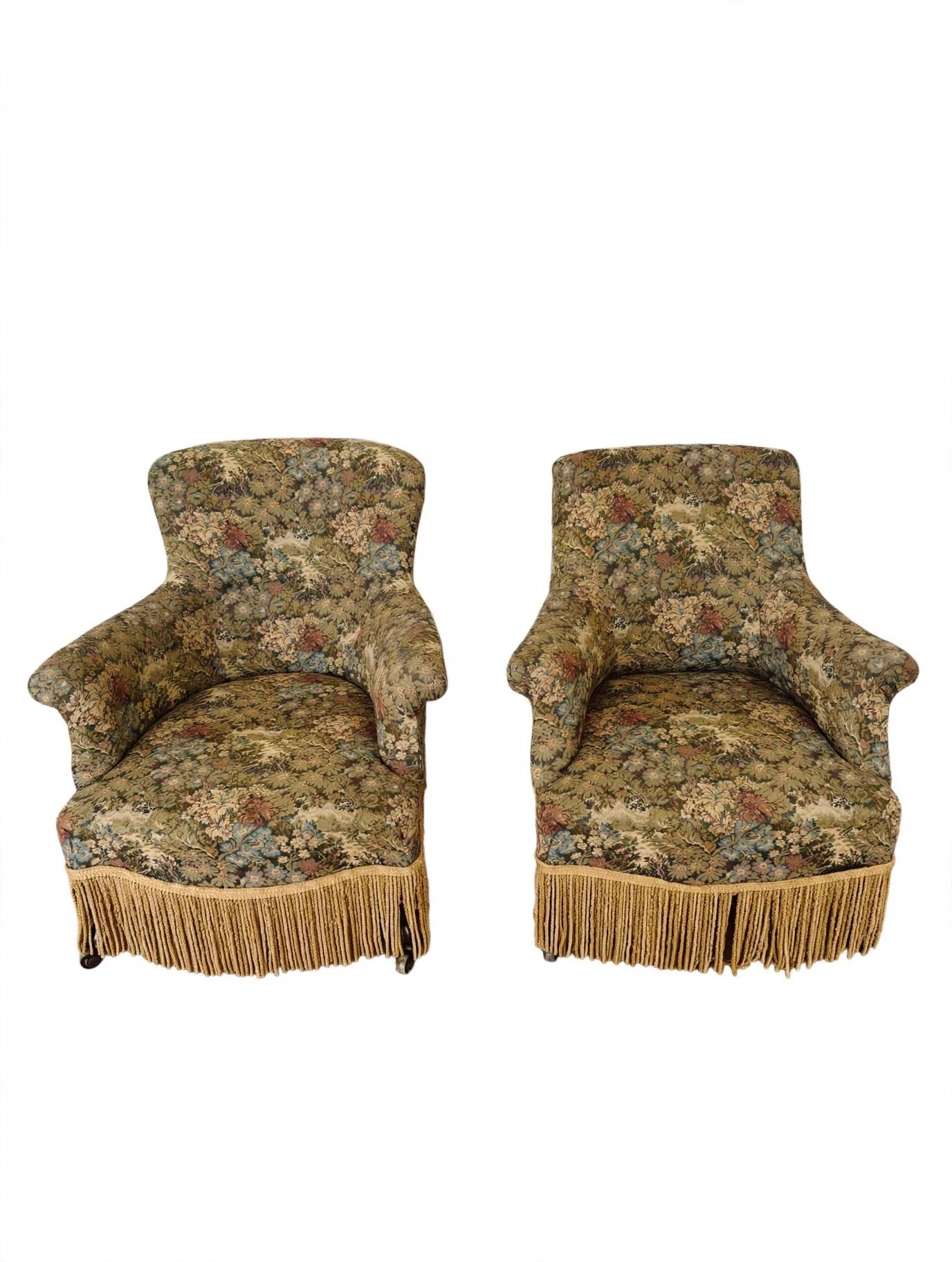 Pair of crapaud armchairs, antique floral upholstery, Napoléon III period.