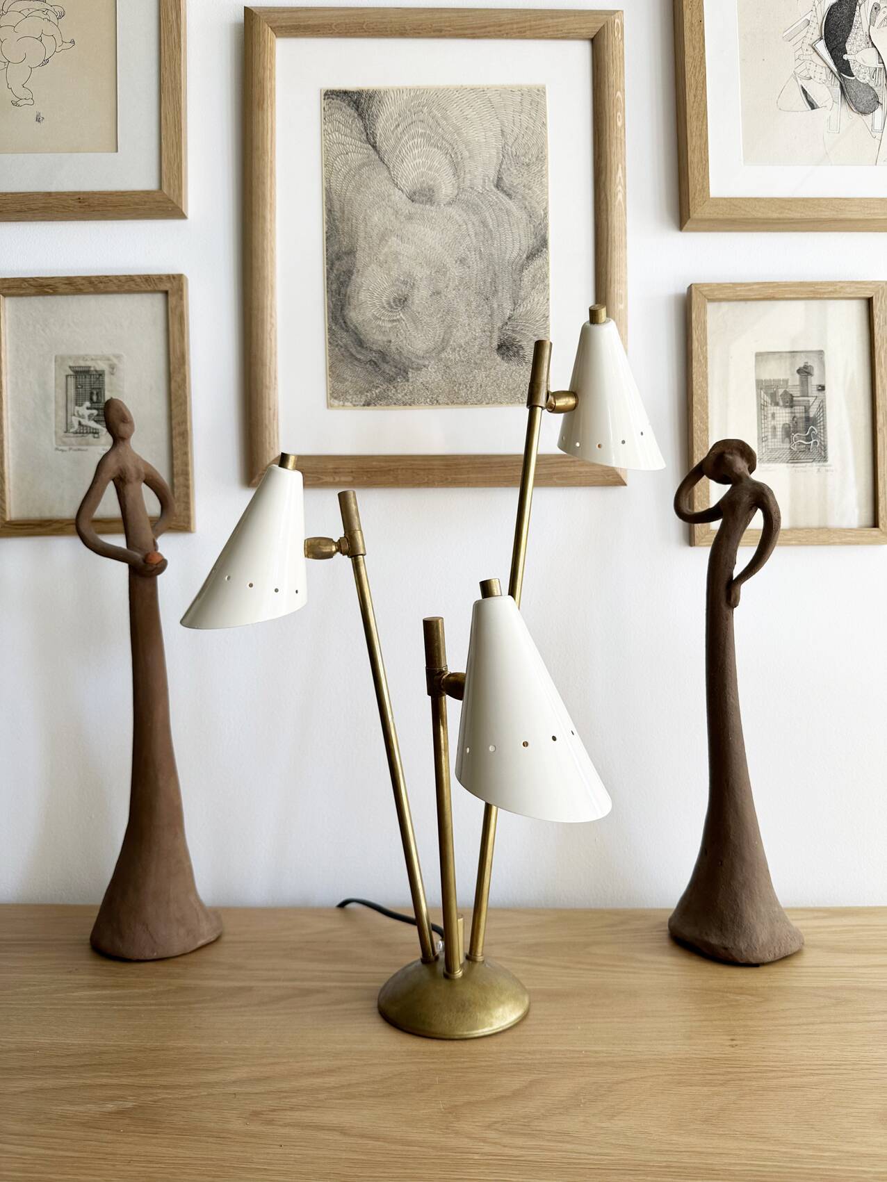 Italian lamp with three brass heads, 1950s design.
