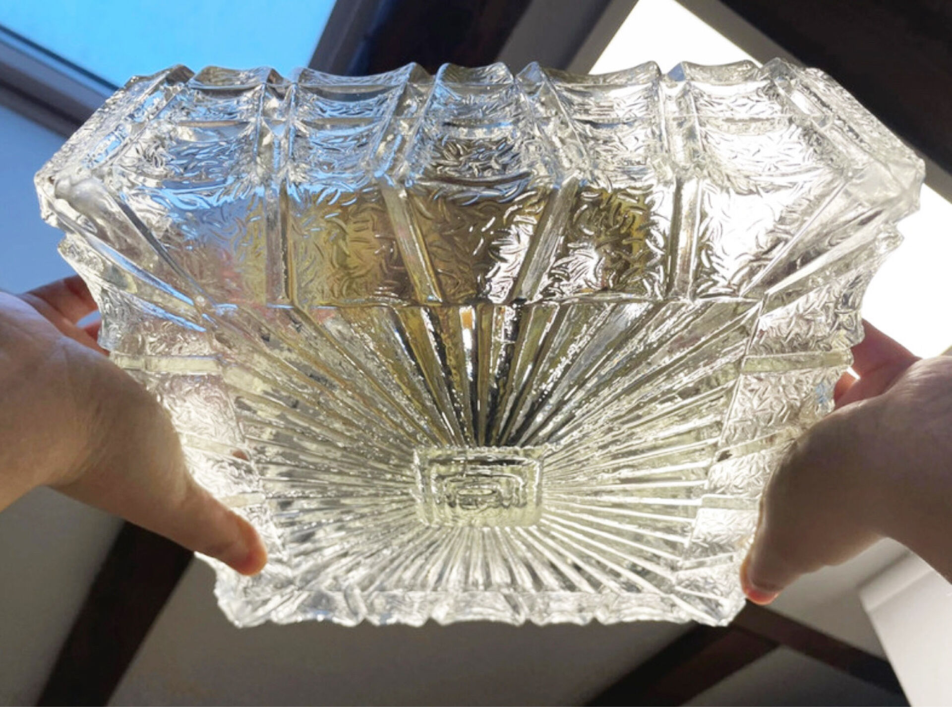 Vintage Flush Mount Square Glass Ceiling Lamp, Sunburst Motif